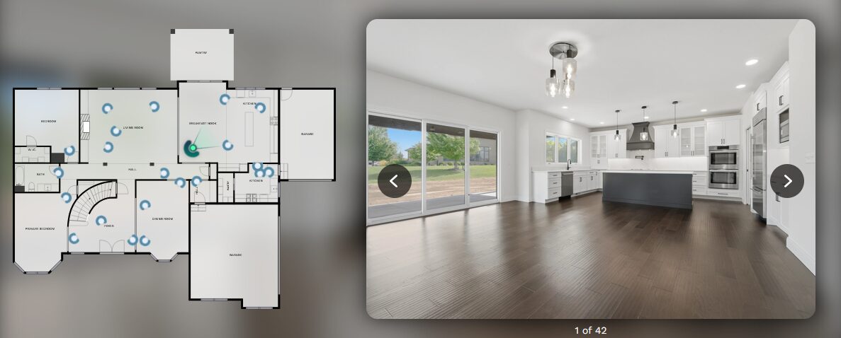 Interactive floor plan with clickable camera hotspots beside the photo it opens